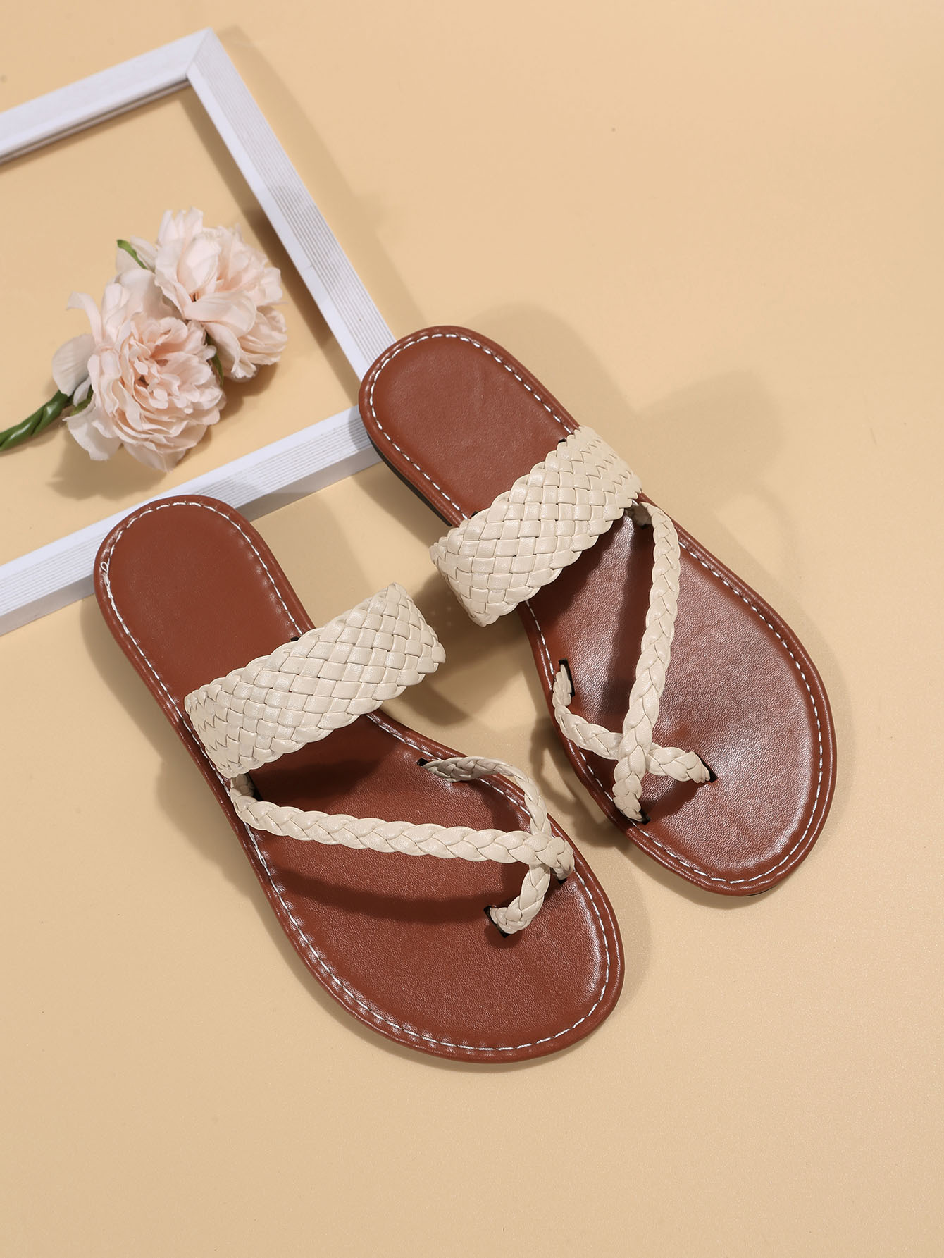 womens flat slide sandals toe loop braided band slip on shoes casual beach slides details 22