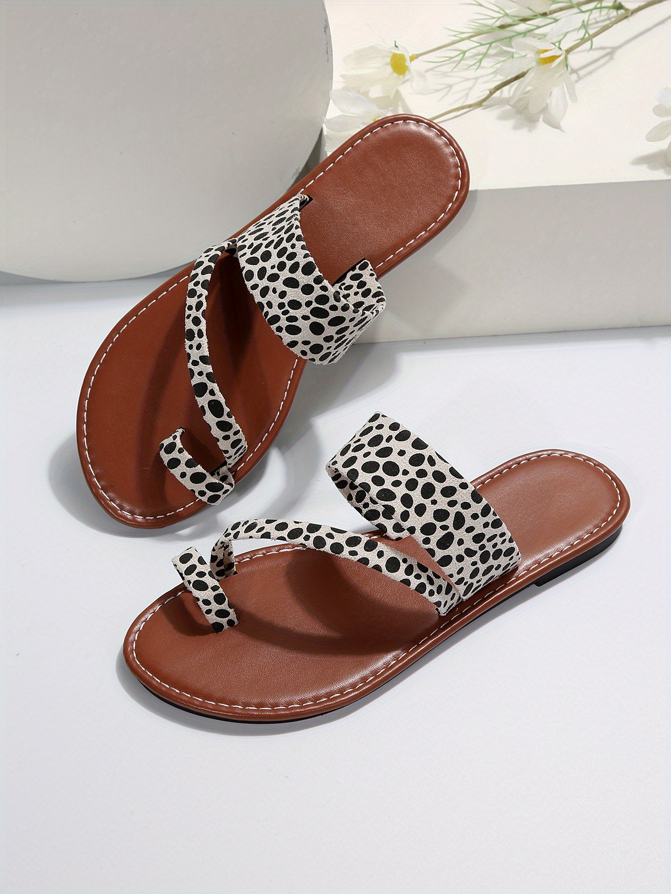 womens leopard printed flat slides toe loop non slip open toe slide sandals outdoor beach slides shoes details 13