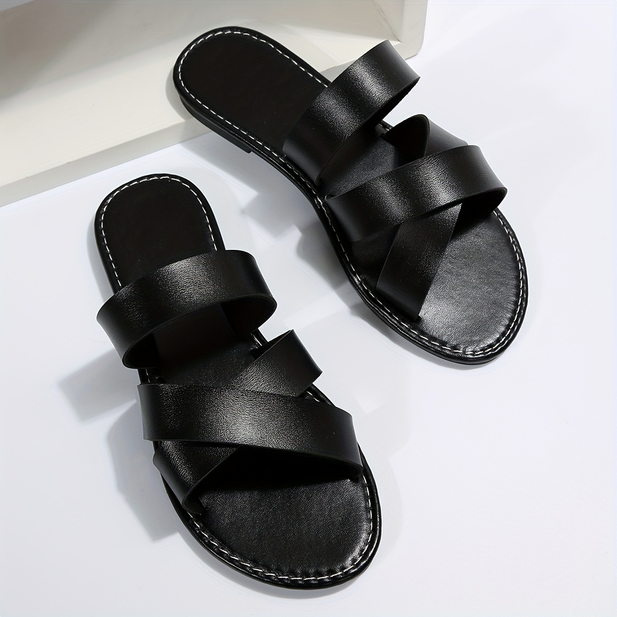 womens cross strap flat slides casual open toe slip on shoes lightweight beach slide sandals details 4